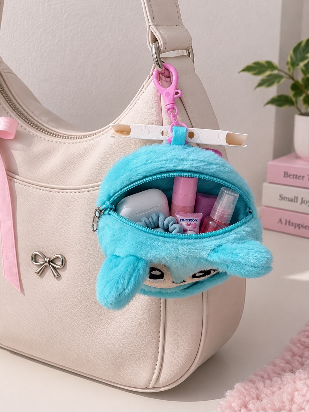 Adorable Turquoise Plush Mini Bag Charm Pouch NWT - Picture 2 of 2